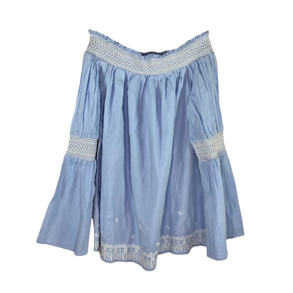 Miss Selfridge Blue Boho Embroidered Off-The-Shoulder Top 2 Bell Sleeves NWT